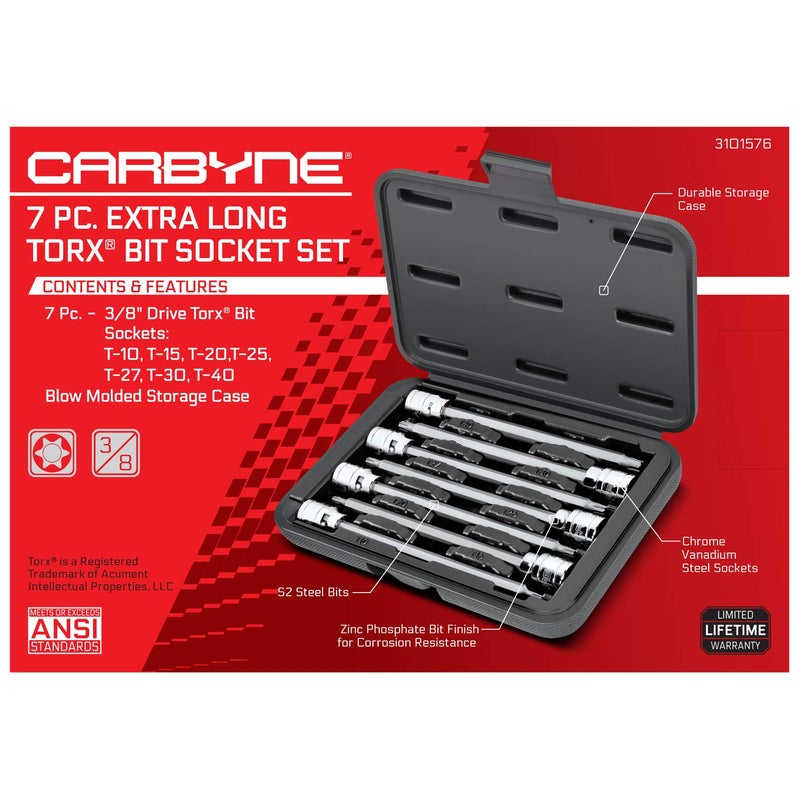 CARBYNE 7-Piece Torx Extra Long Bit Socket Set, T10 to T40 Sizes, 3/8 in. Drive, S2 Steel Bits, CrV Sockets â€¢ From a Family-Run Tool Company Based in the U.S.A. - Image 3